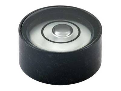 There is a metal circular bubble level vial in black color.